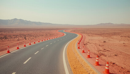 Fototapeta premium Open Road into the Desert: An empty road stretches gracefully through a vast desert landscape, with vibrant orange safety cones marking the path, under a clear sky. Evoking a sense of adventure.