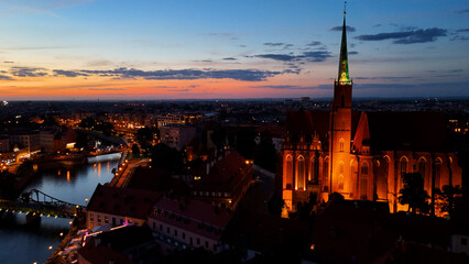 Obraz premium old European city city center view from above evening night illumination Wroclaw Poland