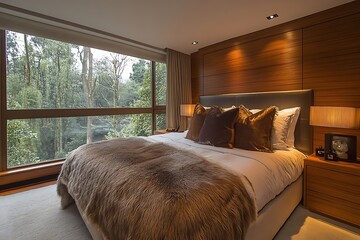 Luxury Bedroom with Wood Paneling and Forest View