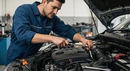 Mechanic repairing a car engine with tools