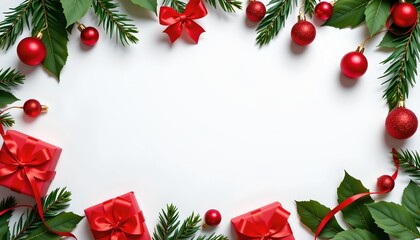 A festive holiday display with Christmas decorations such as red bows and fake pine branches arranged in a circular pattern around an empty space.