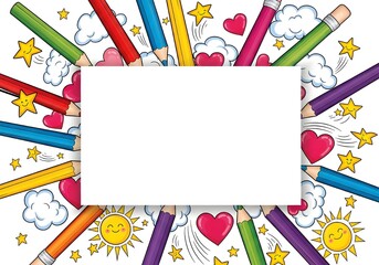 Colorful Cartoon Pencils with Stars, Hearts, and Sun.White Card Background.Fun School Background, Kids School Design.
