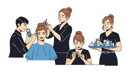 Diverse group of young adults engaged in beauty and media creation activities including makeup application hairstyling and product presentation