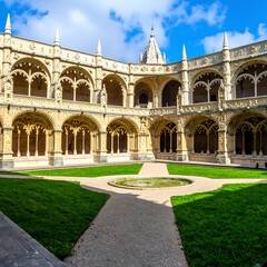 Ancient cloister courtyard, sunny day