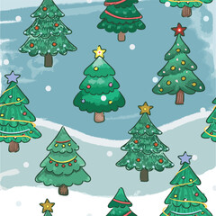 Watercolor christmas tree on christmas day with snow in winter forest seamless pattern