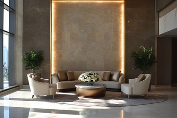 Luxury Beige Lobby Lounge with Curved Sofa and Armchairs