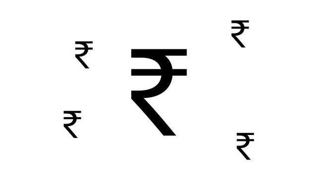 Zoom in and out animation the indian rupee symbol. Large black symbol in the center and four small symbols around. Seamless looped 4k animation on white background