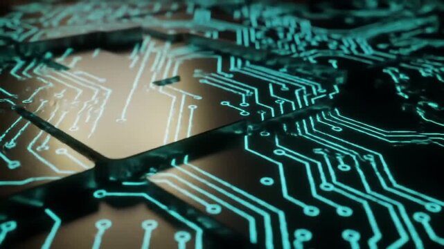 Dynamic circuit board animation showcasing innovative tech solutions with glowing pathways, perfect for futuristic designs and cutting-edge technology promos