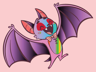 Obraz premium Cute cartoon bat with colorful face and bow tie flying