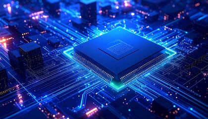A detailed close-up of a circuit board with a central processor