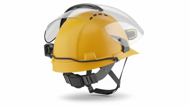 Yellow hard hat with clear face shield and chin strap, isolated on white background.  A small black device is affixed to the side