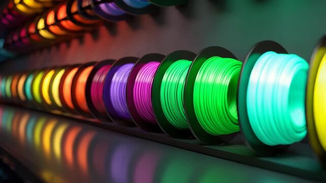 Vibrant spools of colorful filaments displayed in a studio for 3D printing enthusiasts in an art and technology workspace