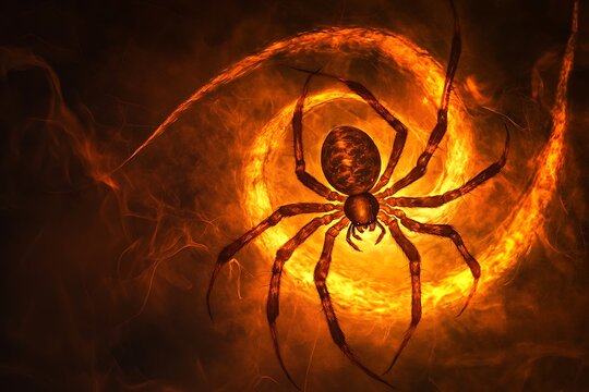 Glowing orange vortex intertwined with stylized spider web shapes