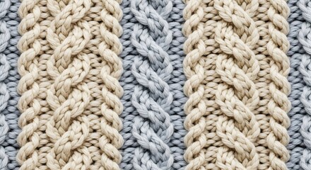A detailed close-up of two-tone knitted fabric, showcasing intricate beige and grey cable stitch patterns.
