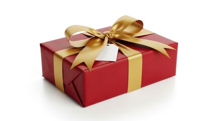 Elegant red gift box with a luxurious golden ribbon and bow, featuring a blank tag for personalization. Perfect for holidays, birthdays, and special celebrations on a clean white background.