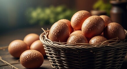 Farm-fresh brown eggs with glistening water droplets, nestled in a rustic wicker basket on a wooden surface, evoking natural produce and healthy eating.