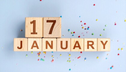 Wooden Blocks with Date 17 January. Calendar for birthday or anniversary on solid colored background with confetti