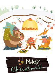 Fototapeta premium Cute bear with rabbit and fox celebrating Christmas in his den. Vector greeting card