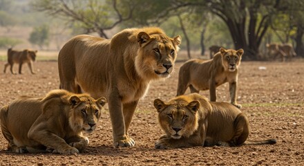 Fototapeta premium Group of Wild Lions Resting and Watching in African Savannah