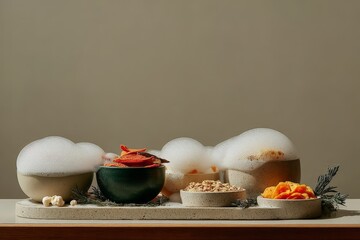 Gourmet dining presentation with bubbles and assorted snacks on stone platter