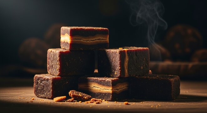 Artfully stacked dark brown sugar blocks, possibly piloncillo or jaggery, with golden layers and subtle smoke, on a rustic wooden table, evoking traditional sweetness and rich flavor.