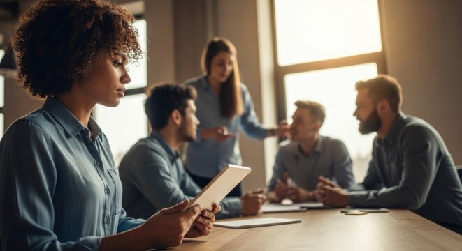 Focused businesswoman uses a tablet during a collaborative meeting with diverse colleagues in a modern office, highlighting teamwork, technology, and professional communication.