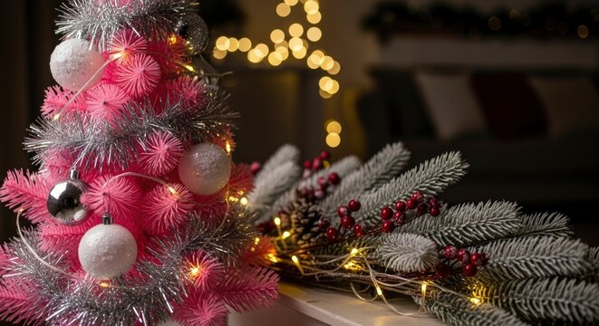 Vibrant pink Christmas tree adorned with silver tinsel, white ornaments, and warm string lights, creating a cozy holiday atmosphere with frosted pine branches and red berries.