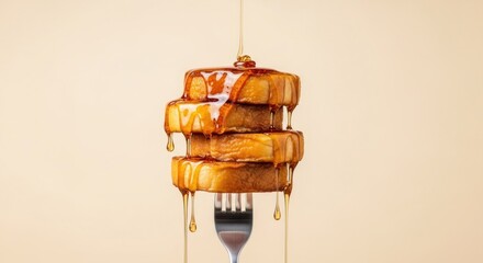 A stack of golden French toast impaled on a fork, being drizzled with syrup.