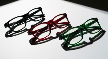 Three colorful eyeglasses (black, red, green) arranged on a white surface, casting distinct shadows. A vibrant, modern take on vision and style.
