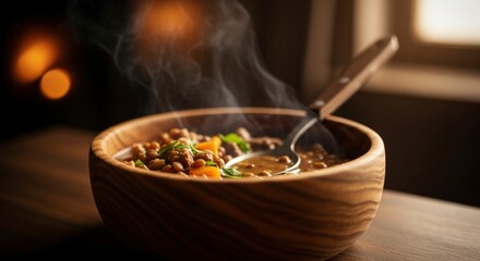 Steaming bowl of hearty lentil soup with carrots and fresh herbs in a rustic wooden bowl, perfect for a warm and comforting meal on a cold day.