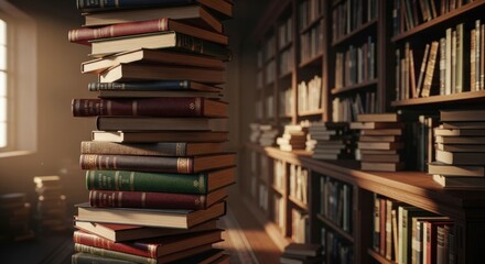 Vintage books stacked high in a classic library setting, illuminated by natural light, evoking a sense of knowledge and history.