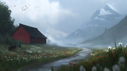 Fototapeta premium A red barn sits in a field of wildflowers next to a misty mountain range mountains
