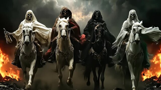 Video judgment day: apocalypse emissary, conquest ghost, war shadow, famine messenger, death symbol, cataclysm portent, ruin destiny, ancient lore, divine fury, ominous myth, celestial terror,