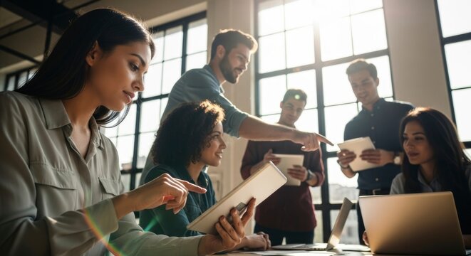 Diverse young professionals collaborate in a modern, sunlit office, using tablets and laptops. They are engaged in discussion, sharing ideas and working together on a project.