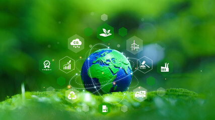 Globe on green moss with environmental icons. Concept for ESG - Environmental, Social, and Governance, CO2 reduction, renewable energy, and sustainable corporate development for a clean planet. CSR.