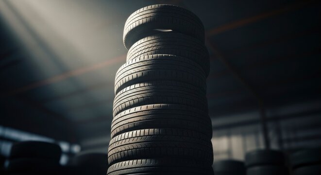 Dramatic light rays illuminate a towering stack of car tires in a dark, dusty automotive warehouse, highlighting their texture and industrial setting.