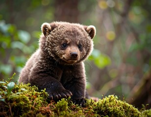 Fototapeta premium Cute brown bear cub in forest
