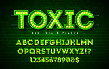 Light Bulb Alphabet with Green Toxic Frame Box and Shadow on Vintage Brick Wall Background. Glowing Retro Vector Font Collection with Shiny Bright Lights. ABC and Number Design for Casino, Night Club