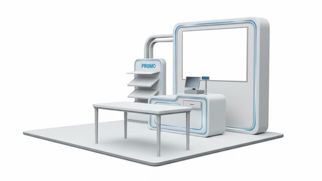 Minimalist expo booth with table, display, and promo shelves
