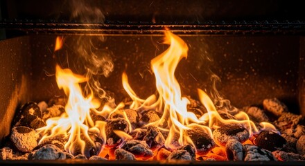 Vibrant orange and yellow flames dance over glowing charcoal briquettes in a barbecue grill. Perfect for themes of grilling, outdoor cooking, heat, energy, and cozy warmth.