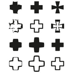 Black cross symbols. Plus sign icons. First aid emblem. Vector medical illustration. EPS 10.