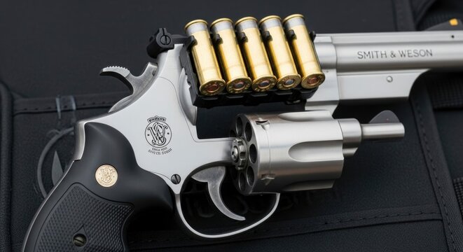 A detailed close-up of a gleaming silver Smith & Wesson revolver with a speed loader holding five golden cartridges, set against a dark background. The cylinder is open, revealing empty chambers.