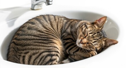 Tabby cat peacefully sleeping in white bathroom sink