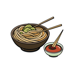 Delicious japanese soba noodles with savory dipping sauce and fresh garnishes illustration