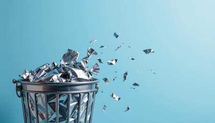 A crumpled metal tin is exploding shards of silver foil into the air above it against a blue background.