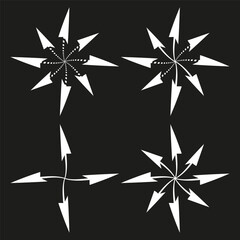 Radial arrows star. Dynamic vector element. Four directional symbols. White black illustration. EPS 10.