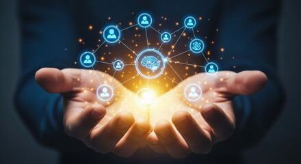 Fototapeta premium Connected Intelligence: A visual symphony of interconnected nodes and a glowing orb cradled in open hands, symbolizing the dynamic interplay of artificial intelligence and human ingenuity.