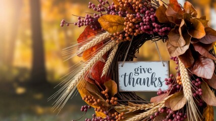 Happy Thanksgiving greeting wreath with autumn leaves 