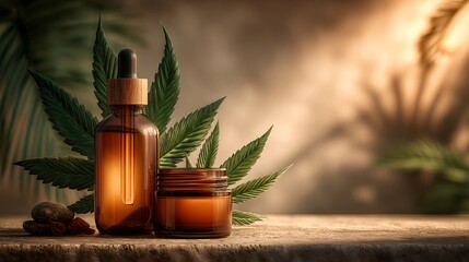 Cannabis extract in dropper bottle and jar with fresh hemp leaves