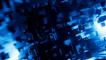 3D abstract sci-fi illustration with greeble effect. Futuristic tunnel of glowing metal blocks in motion, inspired by space and science fiction aesthetics.